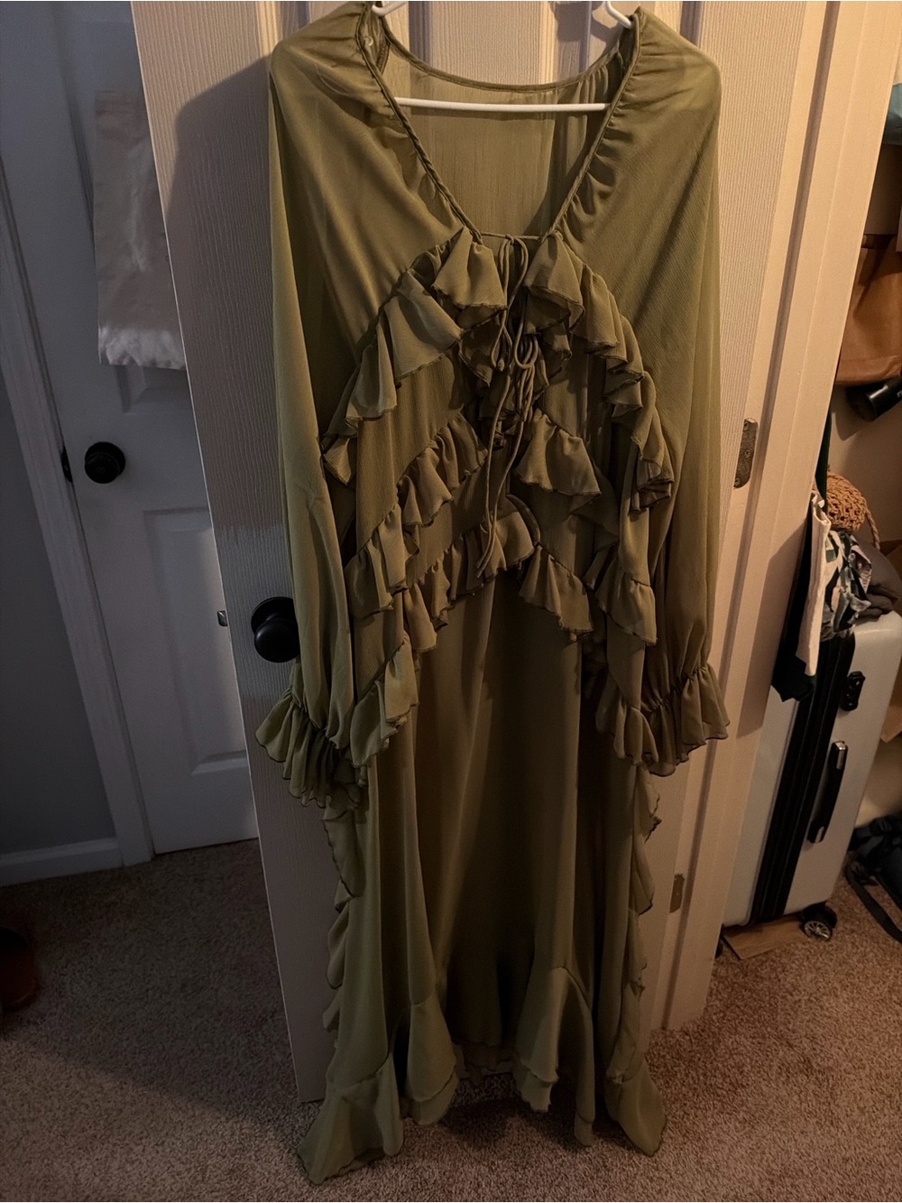 Olive Green Ruffle-Front Maxi Dress with Tie Detail